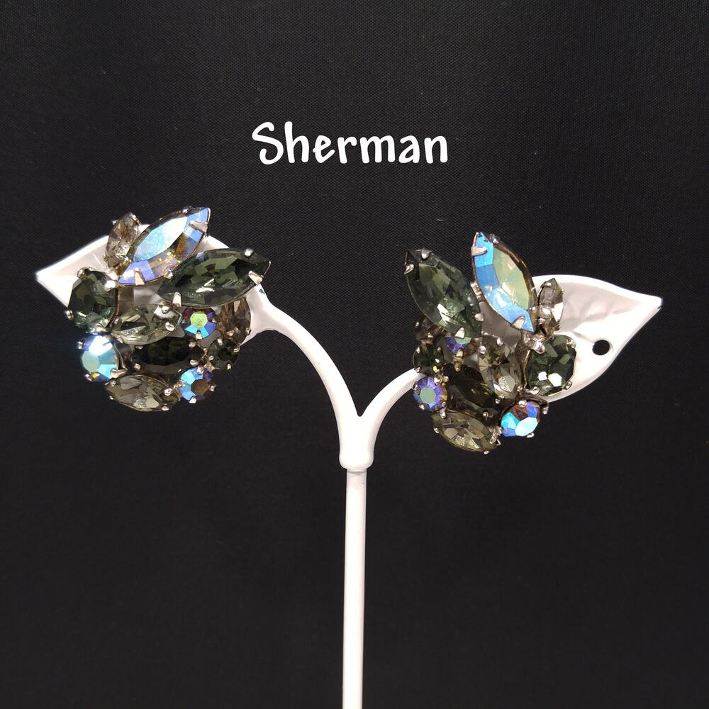 Sherman Black Diamond Rhinestone Earrings, Aurora Borealis 1960s Vintage Jewelry